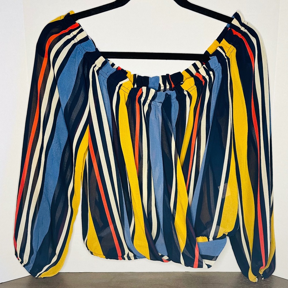 Favlux Striped Off the Shoulder Wrap Blouse Blue Yellow‎ Size L cropped boho